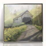 Mid-century modernist art of a covered bridge in muted earth tones, acrylic print in a silver frame.