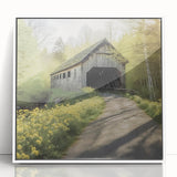 Art deco poster of a covered bridge in muted gray tones on framed acrylic, ideal for modern art wall decor in a nursery.