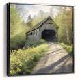 Black and white wall art featuring a vintage poster of a covered bridge landscape on framed canvas, ideal for bedroom decor.