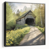 Black and white wall art featuring a vintage poster of a covered bridge landscape on framed canvas, ideal for bedroom decor.