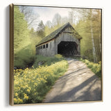 Framed canvas featuring a vintage-style landscape painting of a covered bridge in silver and gold tones.