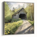 Framed canvas depicting a vintage-style landscape painting of a covered bridge in muted earth tones.
