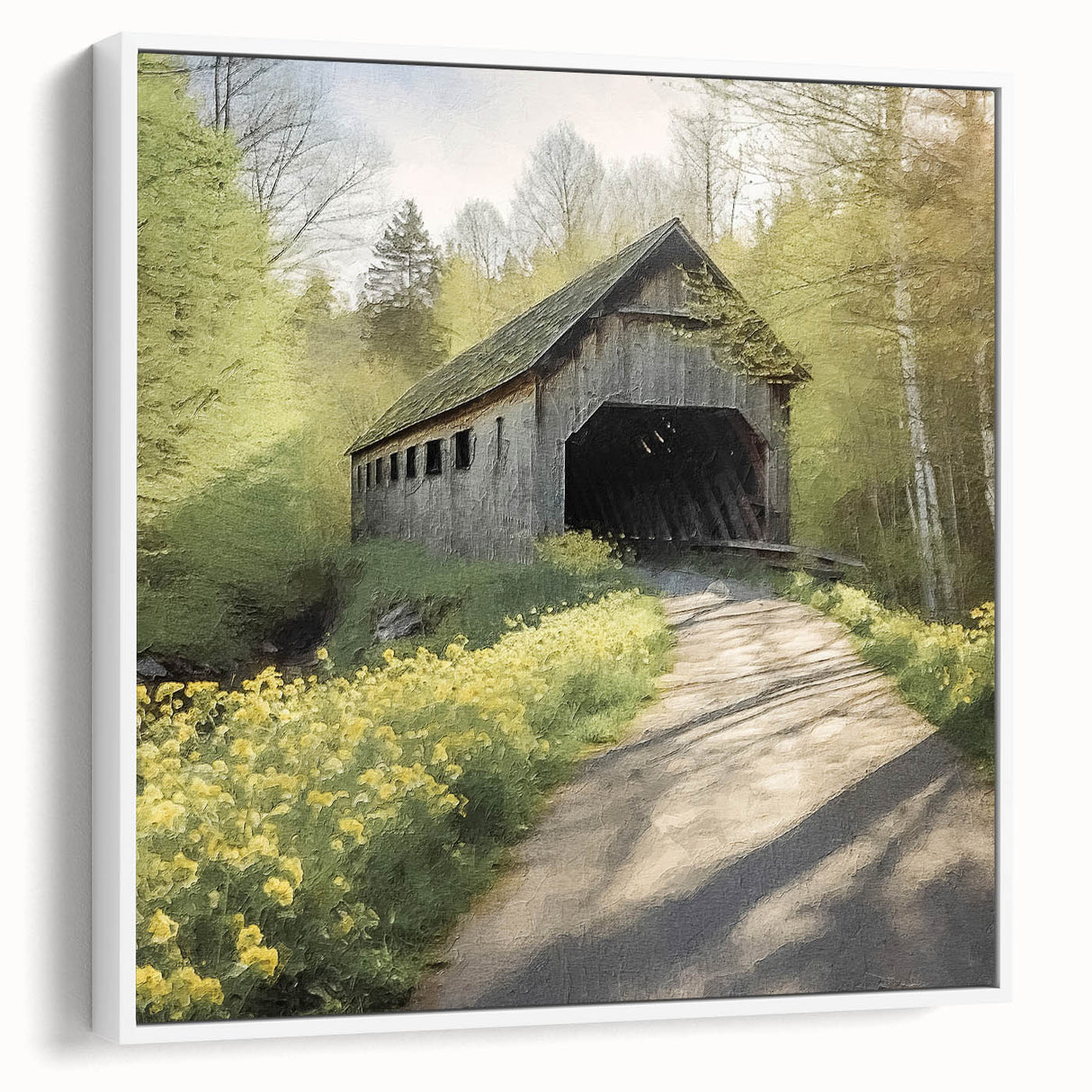 Vintage poster art of a covered bridge in muted black and white on framed canvas, ideal for living room decor.