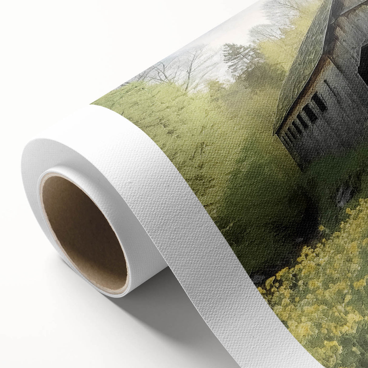 Art Deco style poster of a covered bridge in muted earth tones, printed on rolled canvas, suitable for nursery wall art.