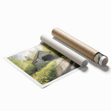 Rolled print of a covered bridge in muted earth tones, ideal for classy bathroom wall art.