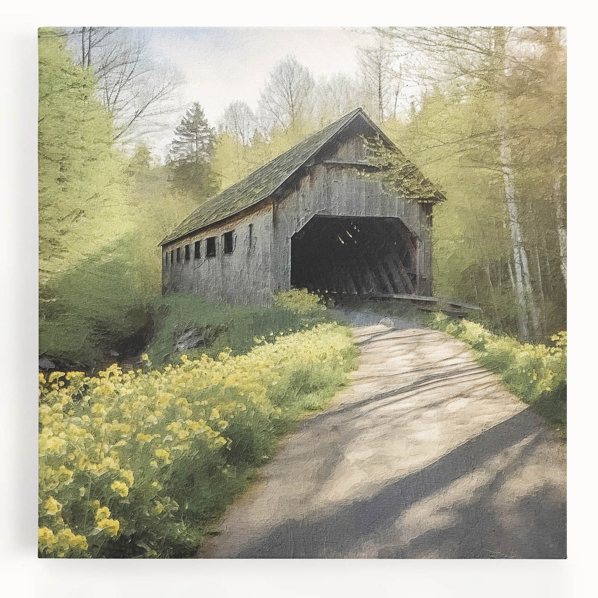 Black and white photograph of a covered bridge on stretched canvas, suitable as large kitchen wall art.