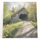 Black and white photo of a covered bridge on stretched canvas, ideal for kitchen wall art or bedroom decor.