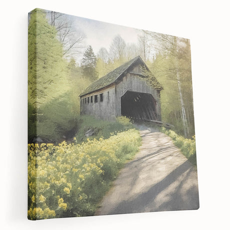 Side view of a covered bridge depicted in realistic style on a large stretched canvas, featuring earthy brown tones.