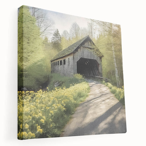 Side view of a covered bridge depicted in realistic style on a large stretched canvas, featuring earthy brown tones.