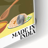 Large abstract wall art featuring assorted food dishes in vibrant colors on acrylic glass, ideal for dining room decor.