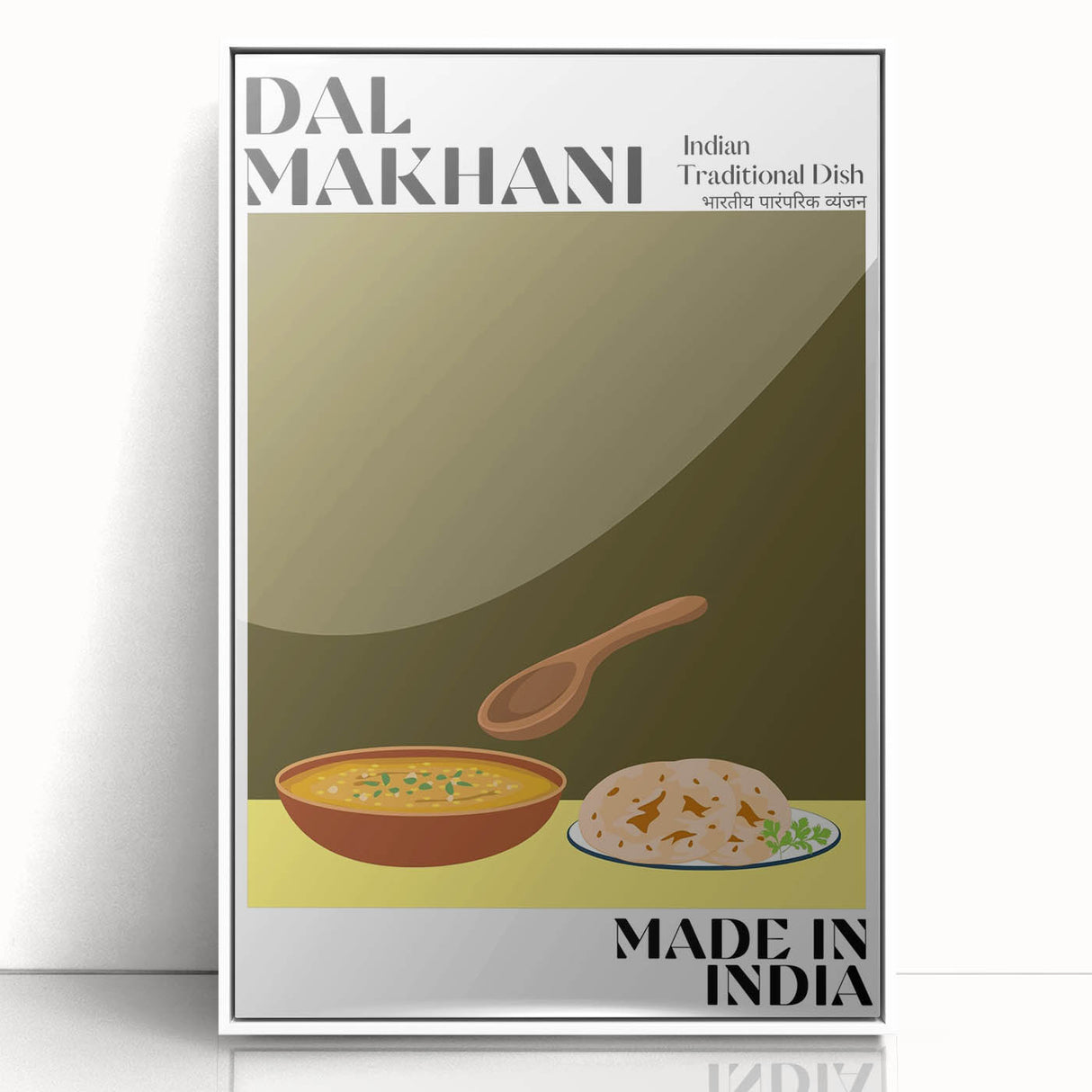 Acrylic print of various food dishes in a minimalist style with a white frame, suitable for modern kitchen decor.