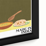 Close-up of a framed canvas featuring an array of colorful food dishes on a black background.