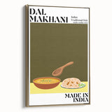 Framed canvas wall art featuring a vintage poster of assorted dishes in black and gold tones, suitable for bedroom decor.