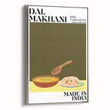 Framed canvas depicting a vintage poster of colorful food dishes, set in a black frame, ideal for kitchen wall decor.