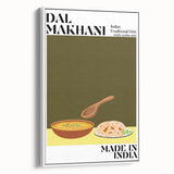 Vintage poster art featuring an array of colorful food dishes on a framed canvas, ideal for living room decor.