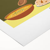 Art deco poster featuring an array of colorful food dishes on a rolled canvas, suitable for dining room decor.