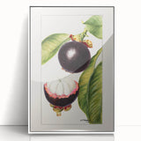 Acrylic print of colorful fruits in art deco style, framed in white, suitable for modern nursery decor.