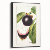 Black and white wall art featuring a vintage poster of various fruits, printed on framed canvas, ideal for bedroom decor.