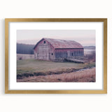 Barn frame landscape art print with a gold mat, showcasing a rustic design ideal for home decor. Perfect for adding a touch of elegance to any room.