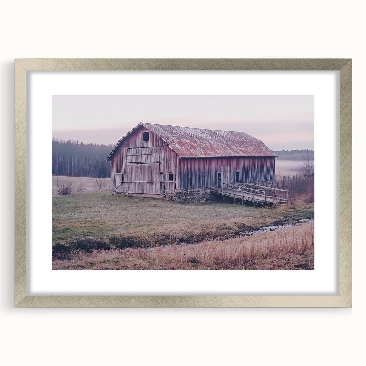 Barn frame wall art in a silver mat, showcasing a modern landscape design, ideal for home decor. The artwork features vibrant colors and intricate details, enhancing any space. Perfect for art enthusiasts looking to elevate their interior design.