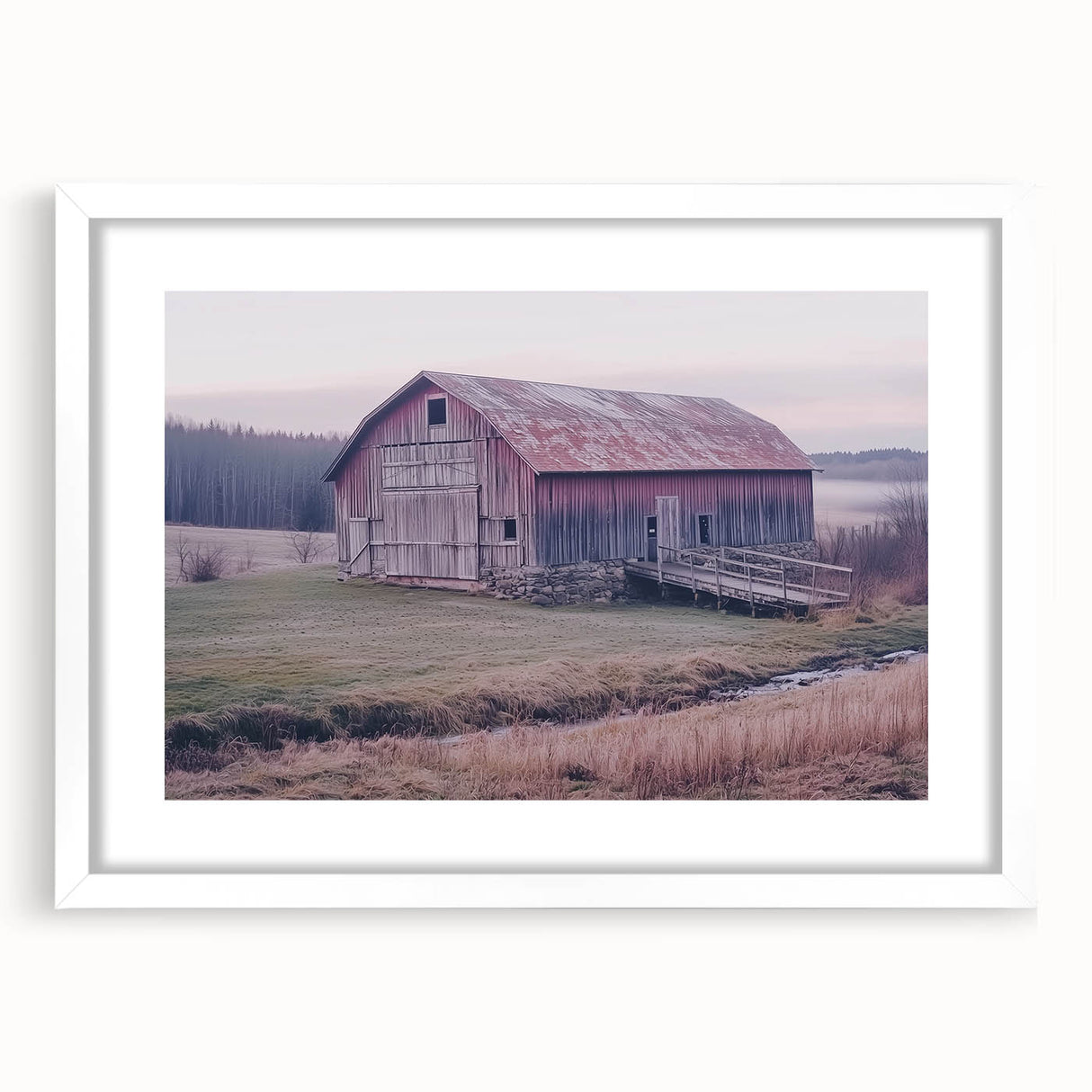 Landscape barn frame with a white mat, showcasing a beautiful rural scene, designed to enhance home decor and complement farmhouse aesthetics, ideal for rustic interiors.