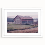 Landscape barn frame with a white mat, showcasing a beautiful rural scene, designed to enhance home decor and complement farmhouse aesthetics, ideal for rustic interiors.