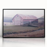 Framed acrylic artwork depicting a serene landscape scene featuring a rustic barn, showcasing vibrant colors and intricate details, ideal for home decor.