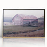 Framed acrylic artwork of a landscape scene featuring a rustic barn, highlighted by golden tones, ideal for home decor. Perfect for enhancing country-style interiors.