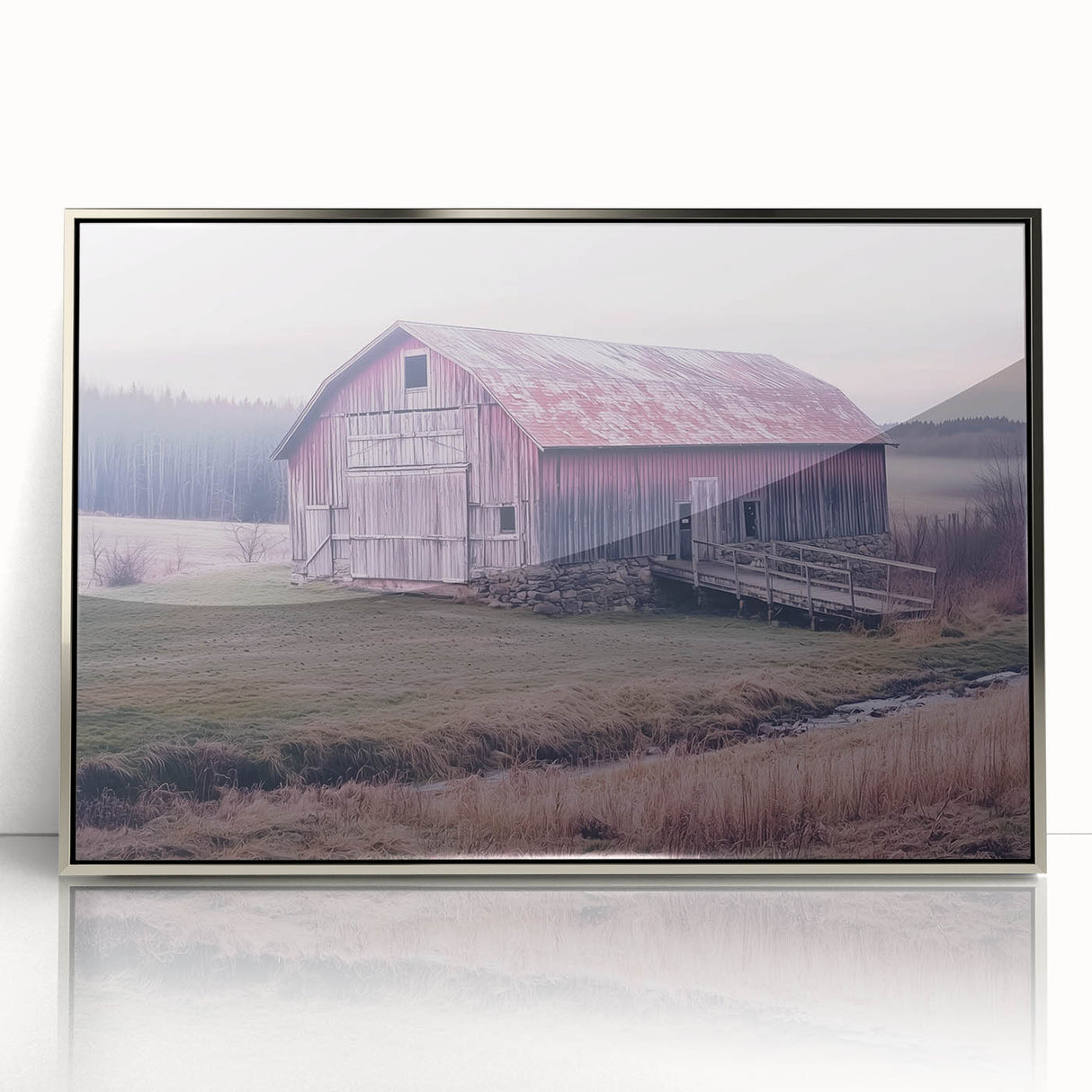 Landscape barn framed acrylic artwork showcasing a silver finish, featuring a serene rural scene with lush greenery and a cloudy sky, perfect for home decor.