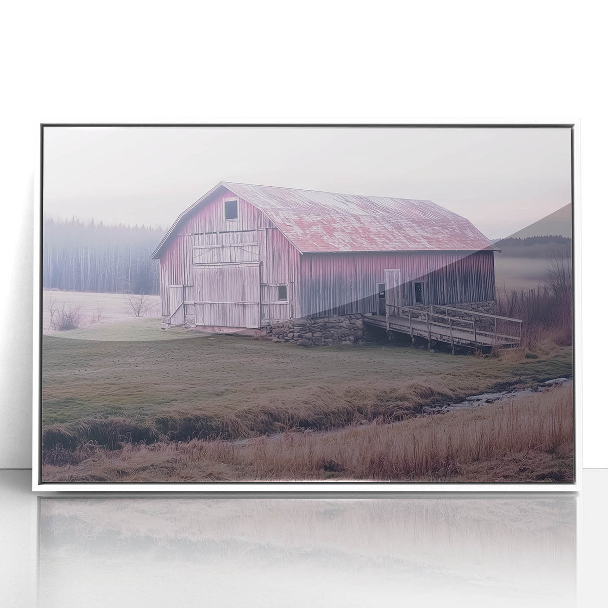 Framed acrylic landscape artwork of a barn in a serene countryside setting, featuring vibrant colors and intricate details, perfect for home decor.