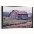 Landscape canvas art depicting a rustic barn scene framed in black, showcasing intricate details and vibrant colors, ideal for home decor enthusiasts.