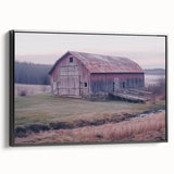 Landscape canvas art depicting a rustic barn scene framed in black, showcasing intricate details and vibrant colors, ideal for home decor enthusiasts.