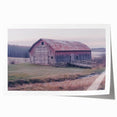 Landscape barn rolled print showcasing a rustic red barn set against lush green fields and a bright blue sky. Ideal for home decor or farmhouse aesthetics.