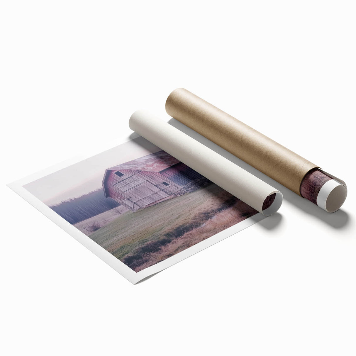 Landscape barn print on rolled canvas showcasing vibrant colors and intricate details; ideal for rustic home decor, shipped in a protective cardboard tube.