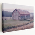 Stretched landscape canvas artwork showcasing a rustic barn scene in vibrant colors, framed in wood, ideal for farmhouse decor or rustic interior design.