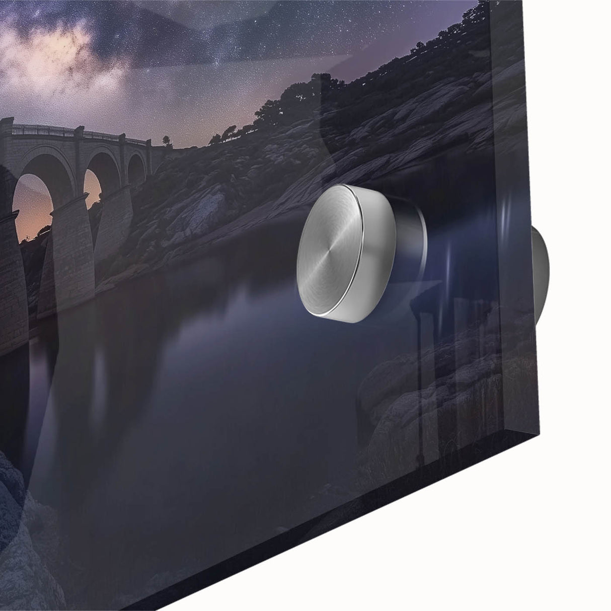 Close-up of a stunning acrylic glass landscape featuring a bridge, showcasing intricate details and vibrant colors, perfect for modern decor enthusiasts.
