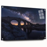 Acrylic glass landscape bridge design showcasing intricate details and vibrant colors, positioned in a side view with visible pins, perfect for modern decor.