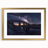Elegant gold landscape bridge frame with a white mat, showcasing a scenic view; perfect for enhancing home decor or gallery displays. Ideal for art enthusiasts.