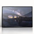 Framed acrylic artwork depicting a stunning landscape bridge in a serene setting, featuring black accents and a sleek front view, perfect for modern decor.
