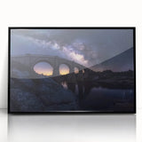 Framed acrylic artwork depicting a stunning landscape bridge in a serene setting, featuring black accents and a sleek front view, perfect for modern decor.