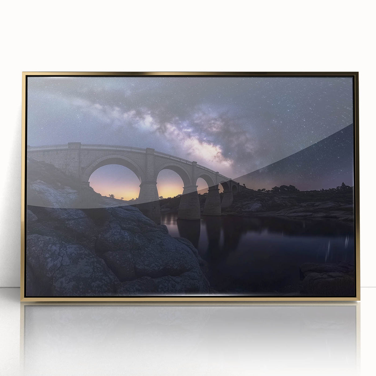Framed acrylic art piece depicting a stunning landscape bridge scene in gold tones, emphasizing intricate details and vibrant colors, perfect for modern decor.