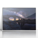 Framed acrylic artwork showcasing a serene landscape bridge scene with a white border, perfect for home decor and enhancing interior aesthetics.