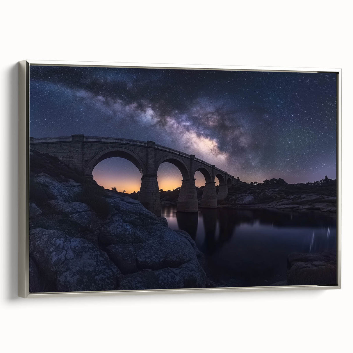 Framed canvas artwork depicting a serene landscape bridge scene, showcasing vibrant colors and intricate details, with a sleek silver frame enhancing its elegance. Ideal for home decor.