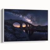 Framed canvas artwork depicting a serene landscape bridge view, featuring vibrant colors and intricate details, ideal for home or office decor.