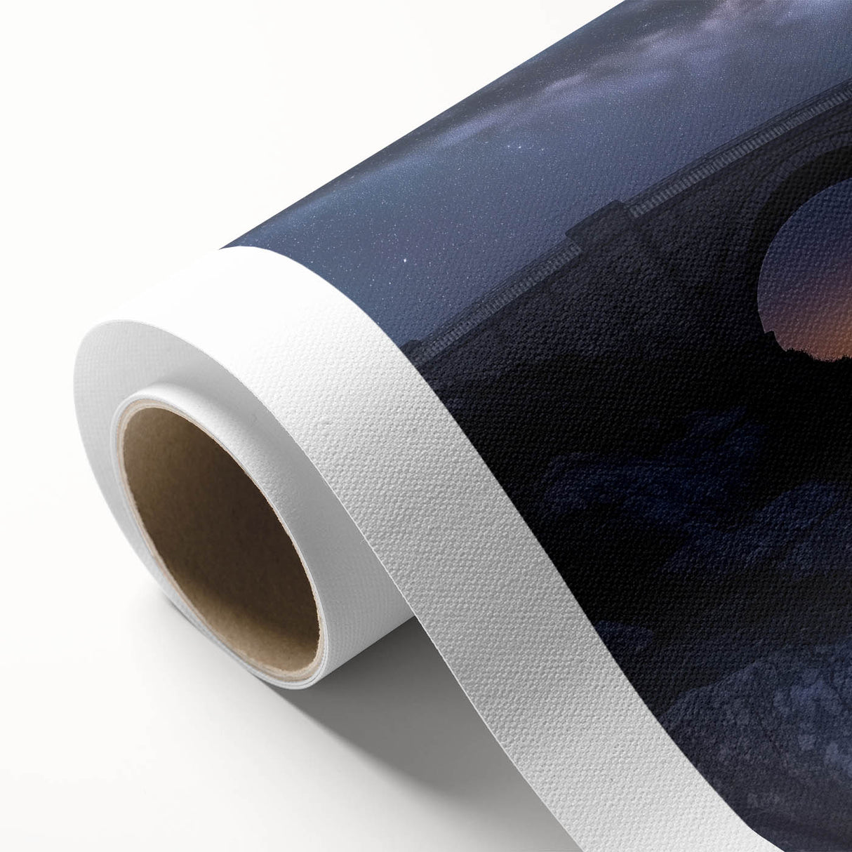 Landscape bridge design on rolled canvas, showcasing intricate details and vibrant colors, elegantly packaged in a protective cardboard tube for art enthusiasts.