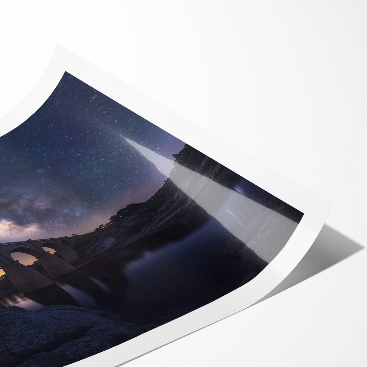 Landscape bridge rolled print showcasing a serene river scene with lush greenery and a vibrant sunset, elegantly packaged in a protective cardboard tube for safe delivery. Ideal for home decor or art enthusiasts seeking nature-inspired artwork.