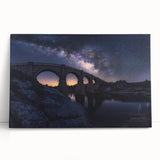 Stretched canvas art displaying a serene landscape bridge scene with lush greenery and a tranquil water reflection, perfect for enhancing home decor aesthetics.