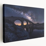 Stretched canvas artwork of a serene landscape bridge scene, showcasing vibrant colors and intricate details, ideal for home decor or office spaces.