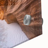 Close-up of a vibrant acrylic landscape artwork depicting canyons with intricate details and rich colors, showcasing the natural beauty of desert terrain. Ideal for home decor enthusiasts seeking unique wall art.