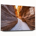 Acrylic glass artwork showcasing a stunning landscape of canyons in vibrant colors, elegantly displayed from a side view with decorative pins, ideal for home decor.